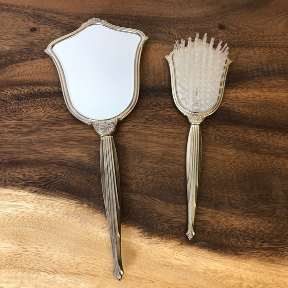 Vintage hand mirror and Brush Set Silver